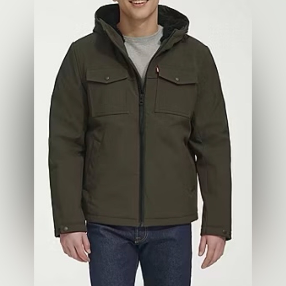 Men's LEVI’S Soft Shell Hooded Sherpa Lined Storm Coat Jacket Olive Green XL
